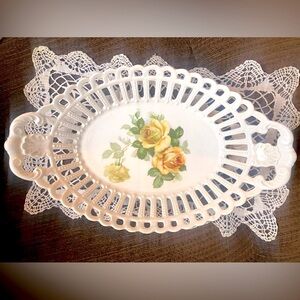 German Porcelain Oval Serving Bowl, Hand Painted, Reticulated, 12 In